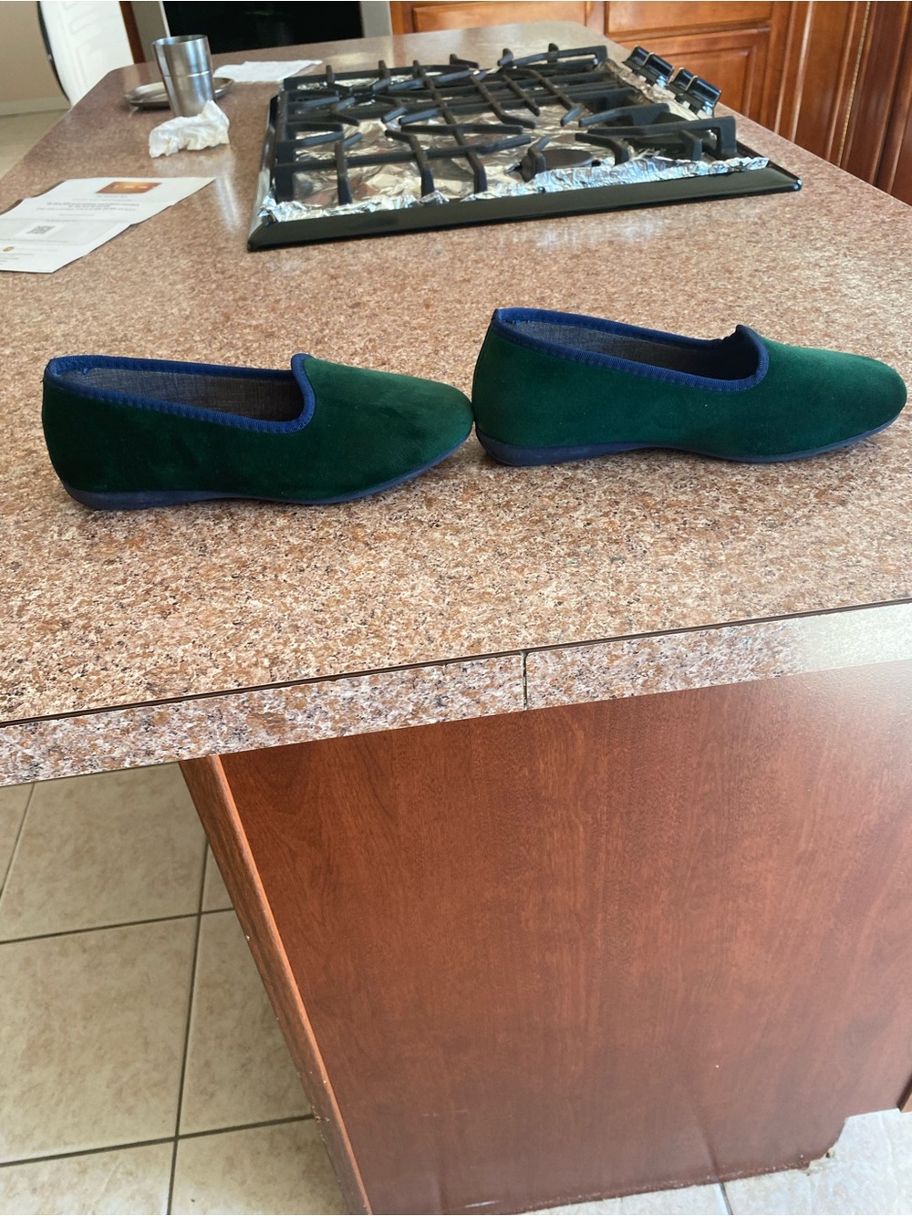 Diamante Women's Emerald Green Slip-On Flats with Blue Trim - Picture 5 of 7